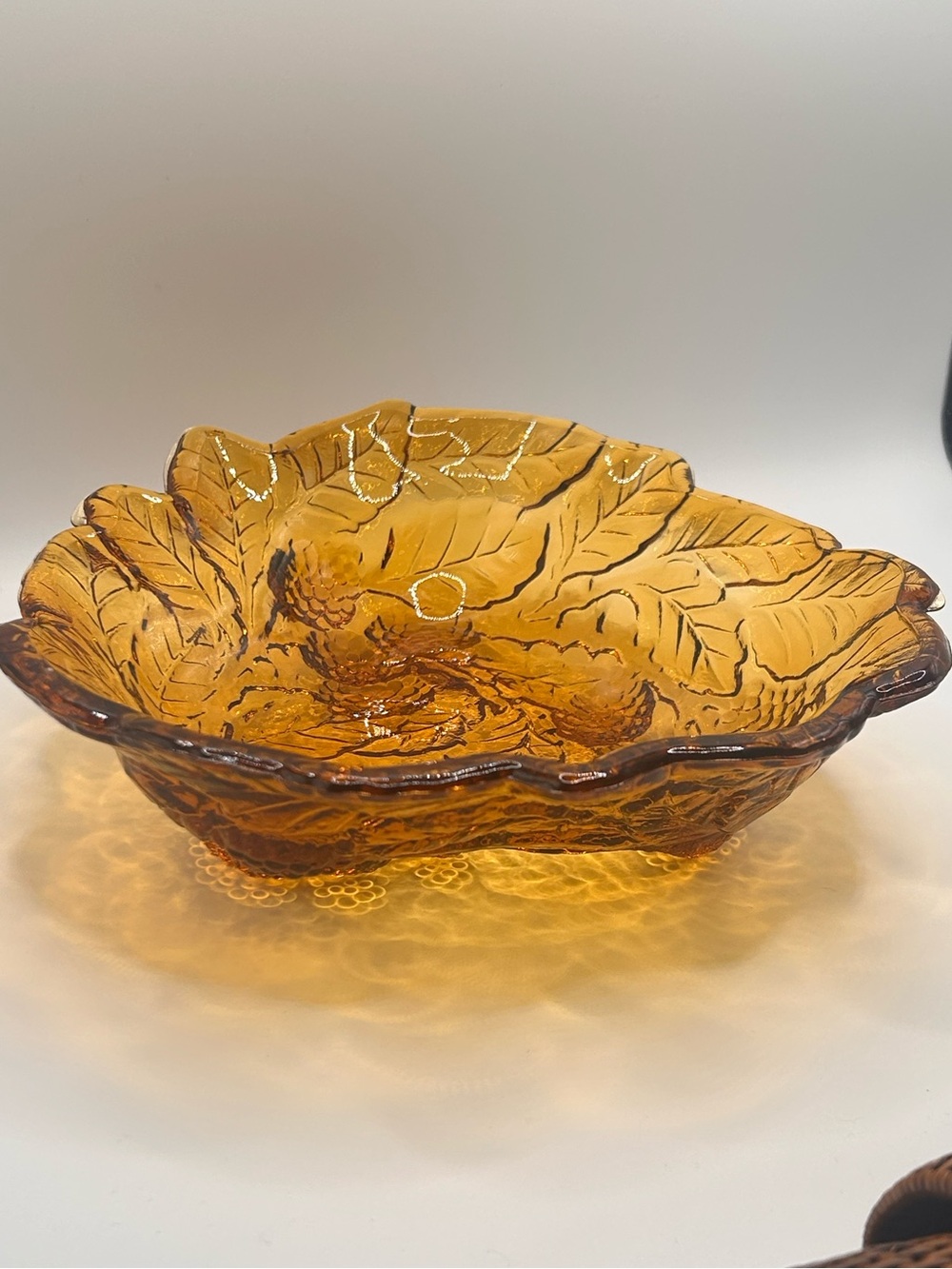 Vintage Indiana Glass Amber Fruit Bowl | 1970s Pressed Glass Berry & Leaf